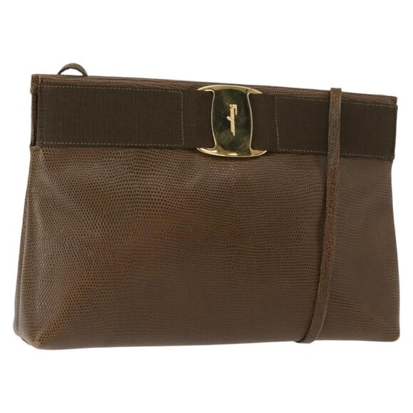 Authentic Salvatore Ferragamo Vala Shoulder Bag Leather Khaki Gold